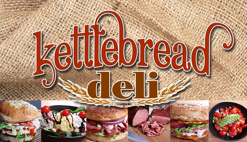 Kettlebread Deli brand artwork: the Kettlebread logo over burlap, above a row of sandwiches and plates